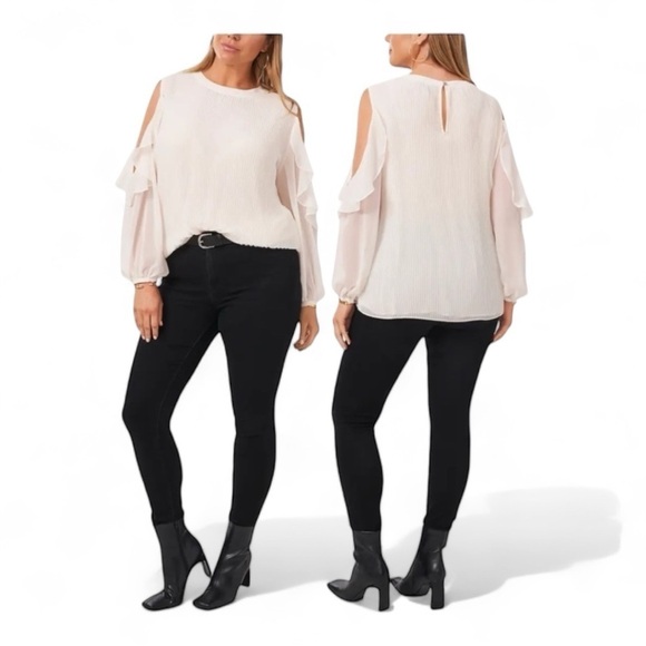 Soft Ecru Pleated Cutout Sleeve Ruffle Cold Shoulder Golden Daze by 1.STATE NEW - Picture 1 of 11